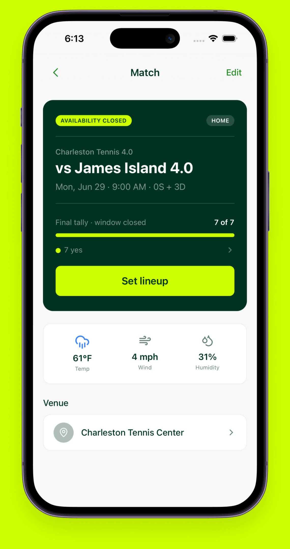 Ralle app match screen with player availability, weather, and the set-lineup action
