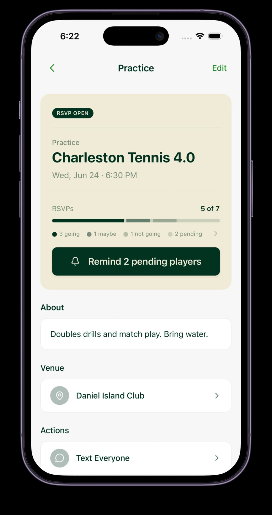 Ralle app practice screen with responses and a reminder for pending players