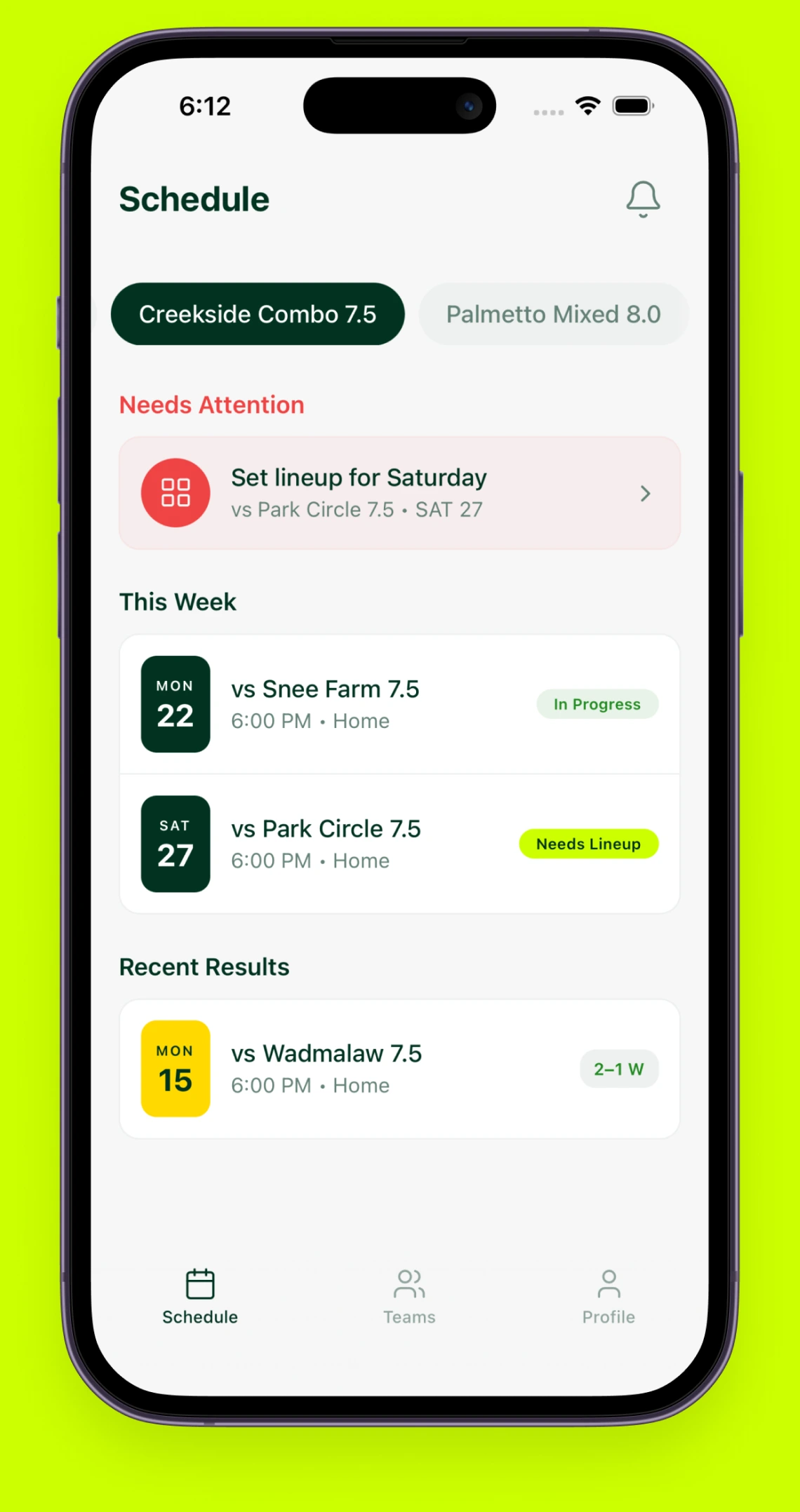 Ralle app showing the week's tennis matches and which players still need to respond